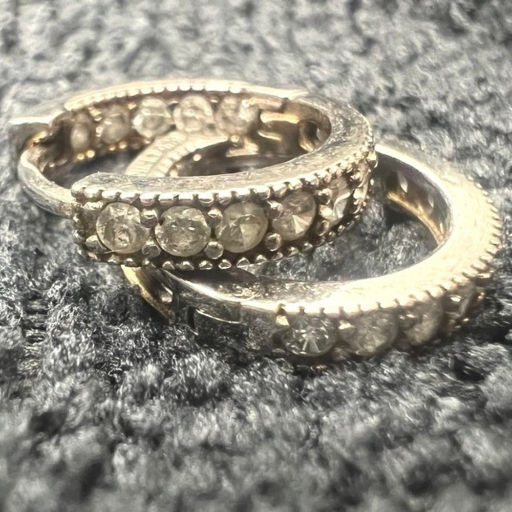 Sterling Silver Huggie Hoop Earrings Inside Out Crystals Hinged Snap Closure .5"